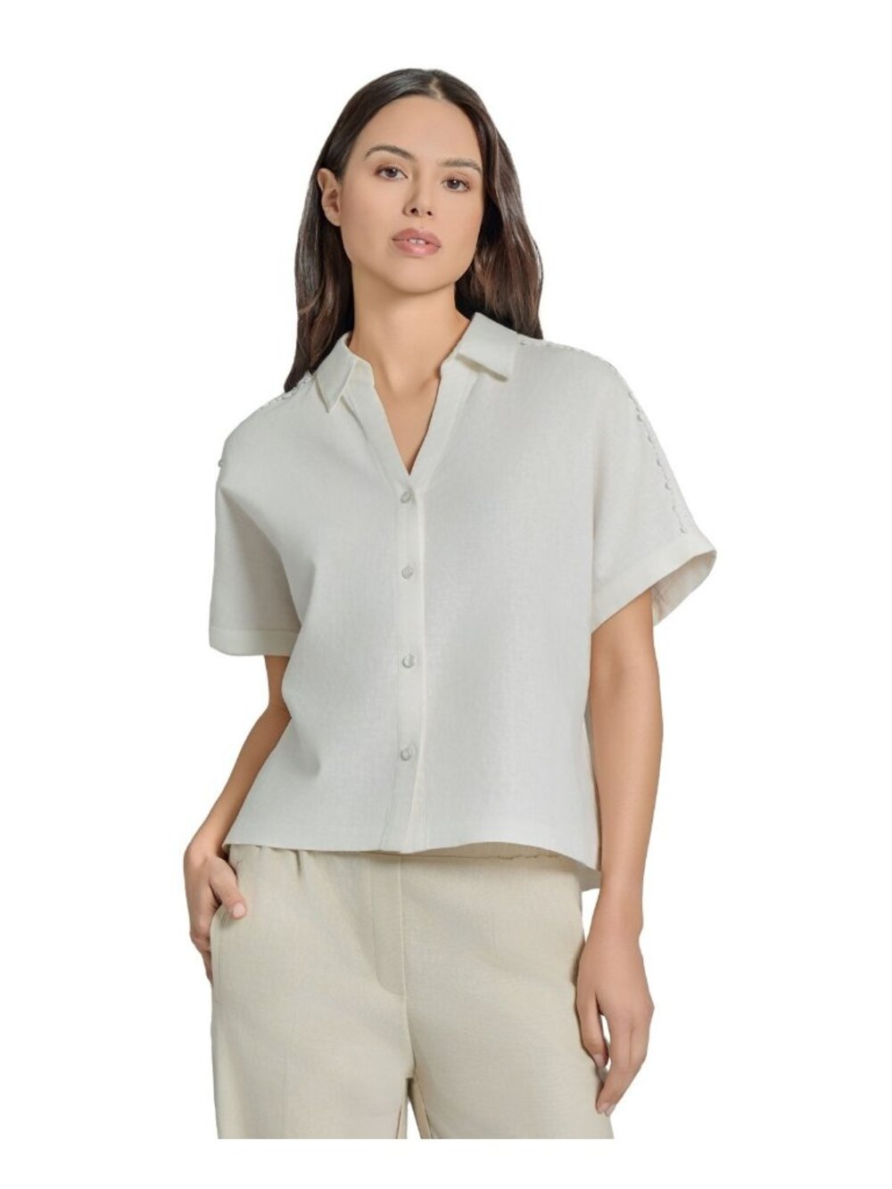 Jones New York *Defect* Linen-Blend Drop-Shoulder Button Shirt White Size XL $90